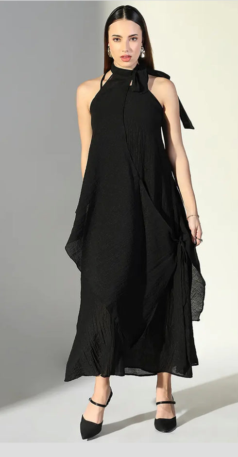 Ladies Chic Dress With Halter Neck Asymmetrical Flowing Hem